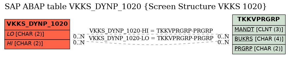 E-R Diagram for table VKKS_DYNP_1020 (Screen Structure VKKS 1020)