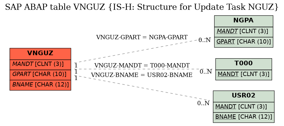 E-R Diagram for table VNGUZ (IS-H: Structure for Update Task NGUZ)