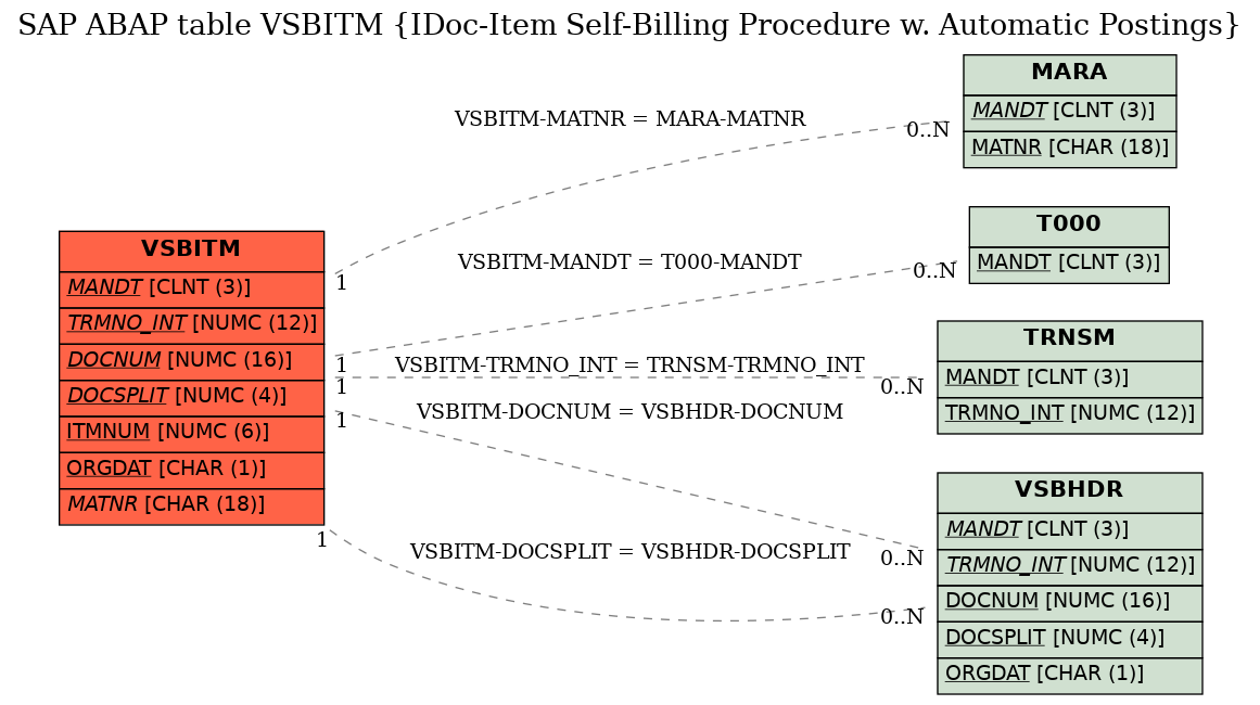 E-R Diagram for table VSBITM (IDoc-Item Self-Billing Procedure w. Automatic Postings)