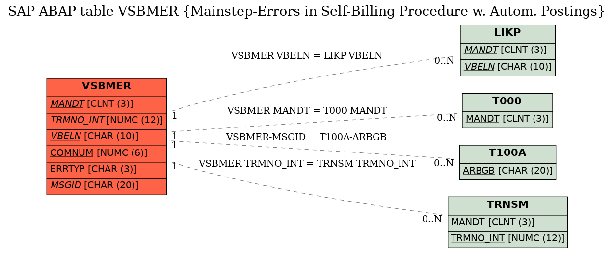 E-R Diagram for table VSBMER (Mainstep-Errors in Self-Billing Procedure w. Autom. Postings)