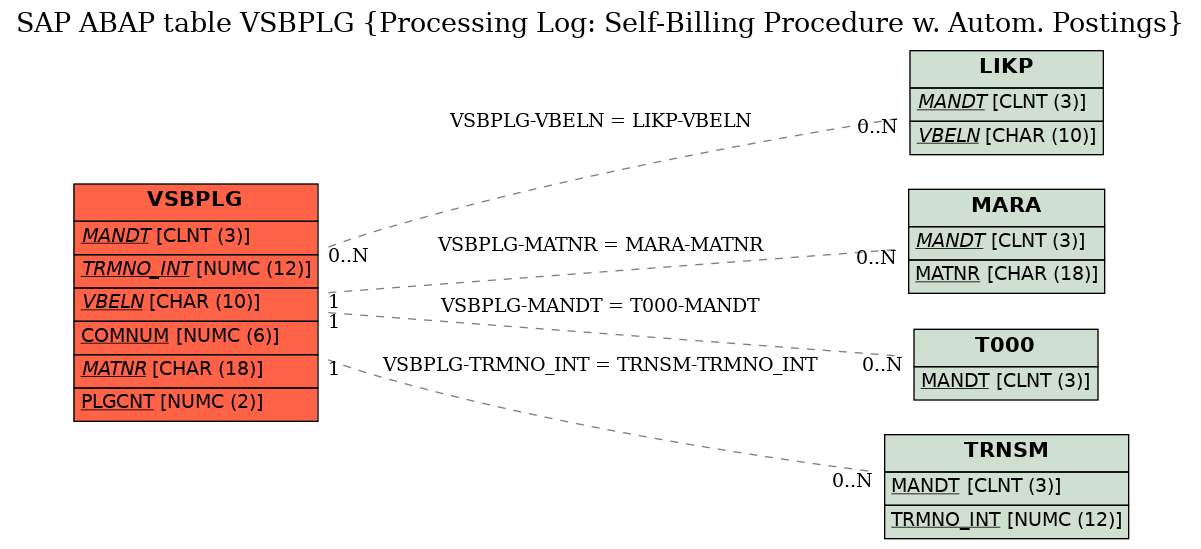 E-R Diagram for table VSBPLG (Processing Log: Self-Billing Procedure w. Autom. Postings)
