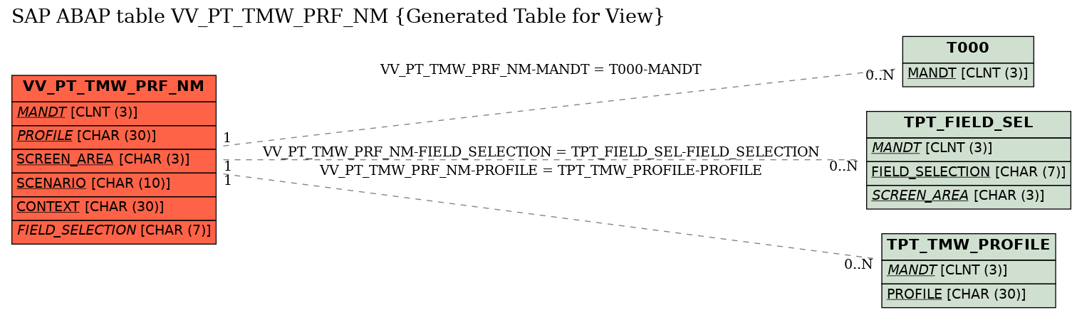 E-R Diagram for table VV_PT_TMW_PRF_NM (Generated Table for View)