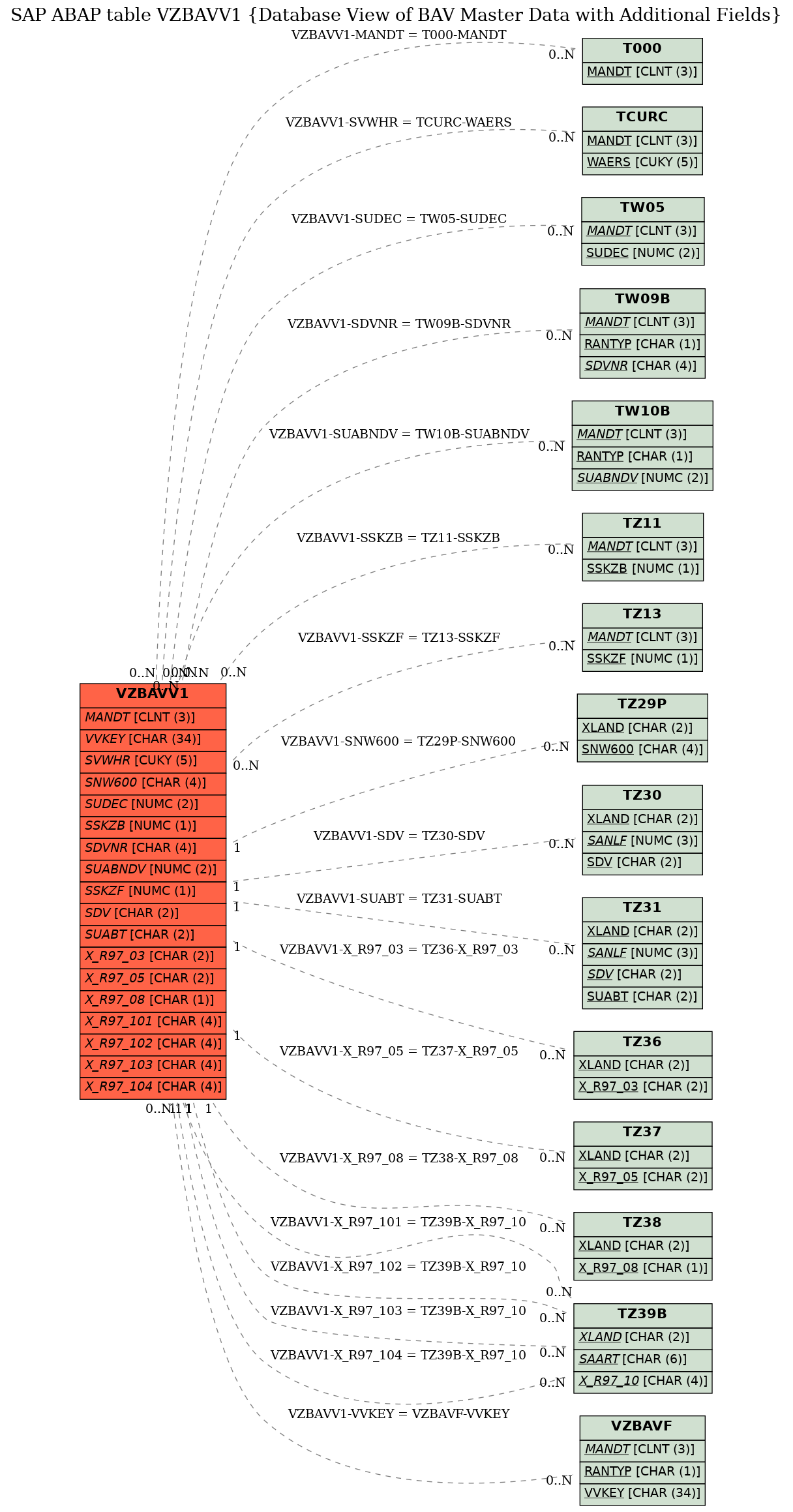 E-R Diagram for table VZBAVV1 (Database View of BAV Master Data with Additional Fields)