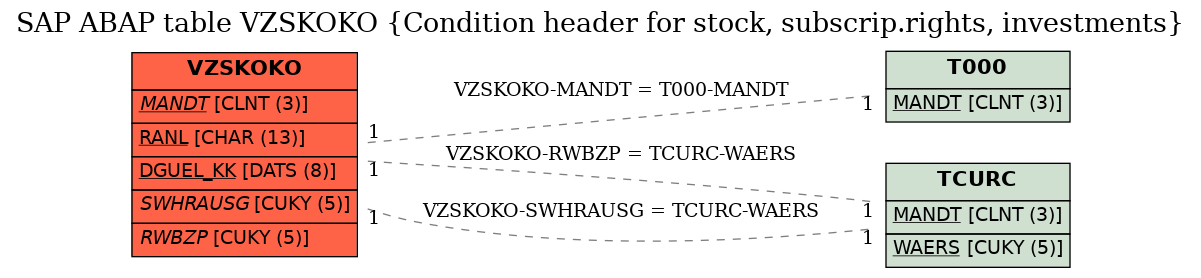 E-R Diagram for table VZSKOKO (Condition header for stock, subscrip.rights, investments)