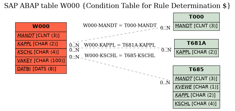 E-R Diagram for table W000 (Condition Table for Rule Determination $)