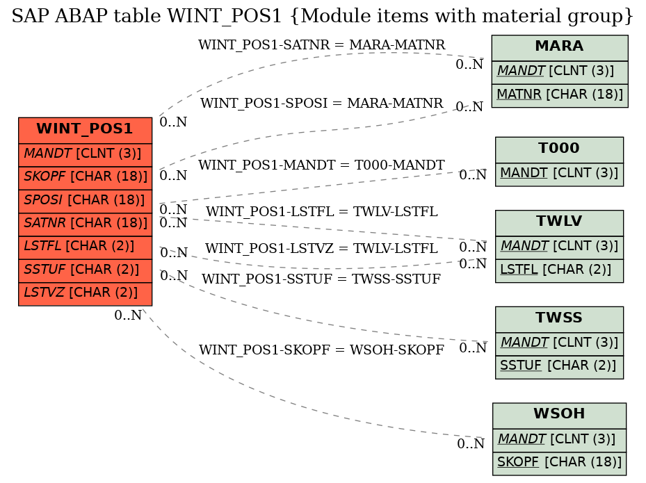 E-R Diagram for table WINT_POS1 (Module items with material group)