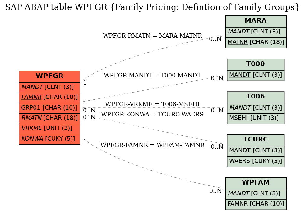 E-R Diagram for table WPFGR (Family Pricing: Defintion of Family Groups)