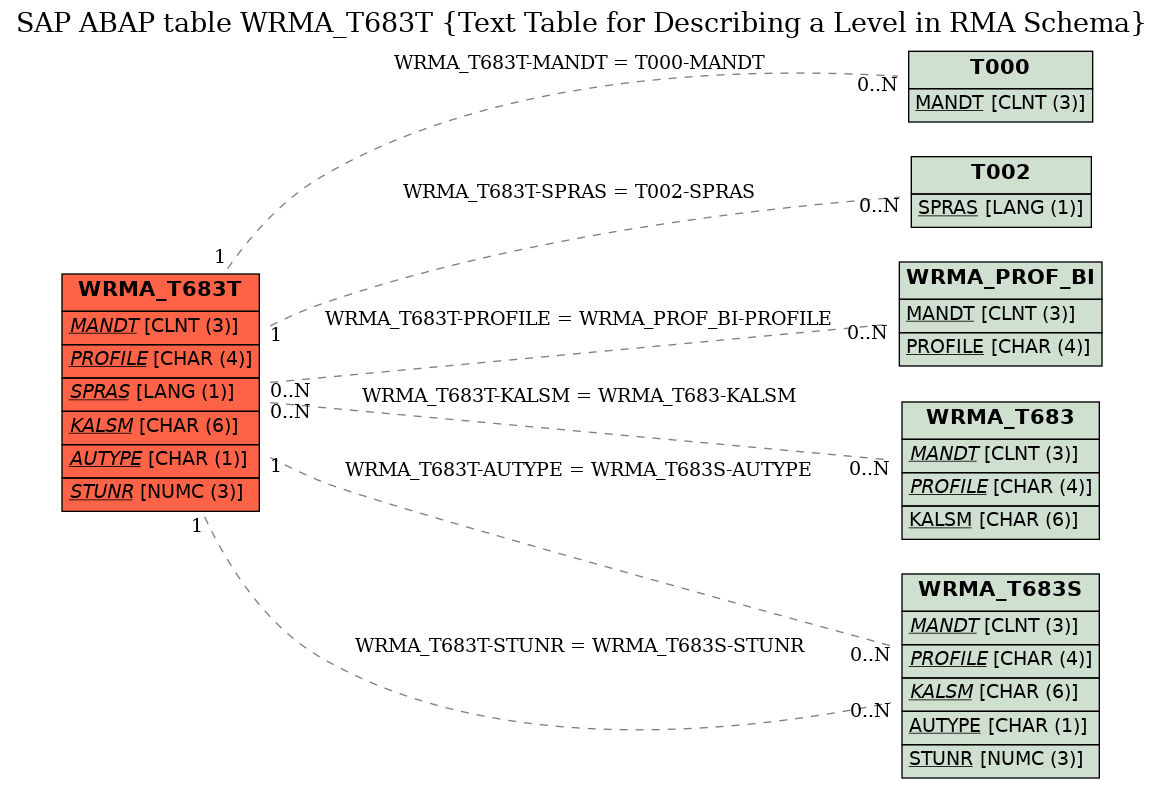 E-R Diagram for table WRMA_T683T (Text Table for Describing a Level in RMA Schema)