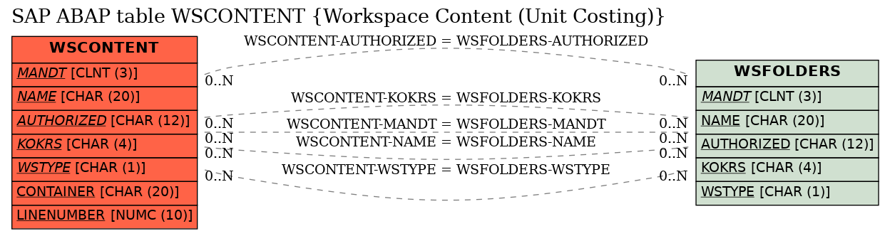 E-R Diagram for table WSCONTENT (Workspace Content (Unit Costing))