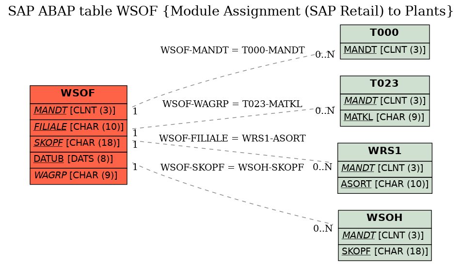 E-R Diagram for table WSOF (Module Assignment (SAP Retail) to Plants)