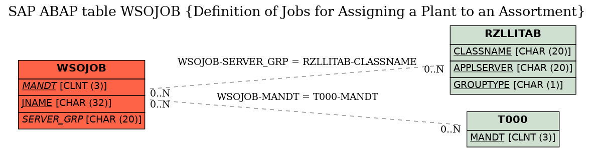 E-R Diagram for table WSOJOB (Definition of Jobs for Assigning a Plant to an Assortment)