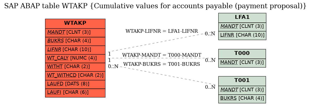 E-R Diagram for table WTAKP (Cumulative values for accounts payable (payment proposal))