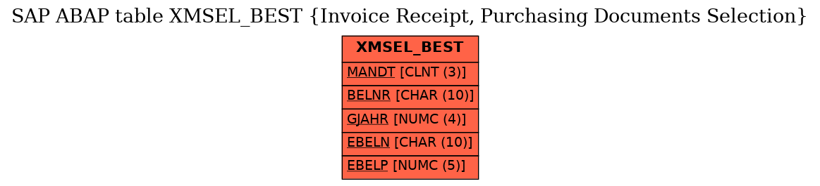 E-R Diagram for table XMSEL_BEST (Invoice Receipt, Purchasing Documents Selection)