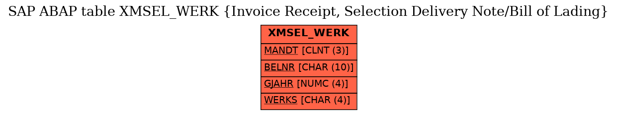 E-R Diagram for table XMSEL_WERK (Invoice Receipt, Selection Delivery Note/Bill of Lading)